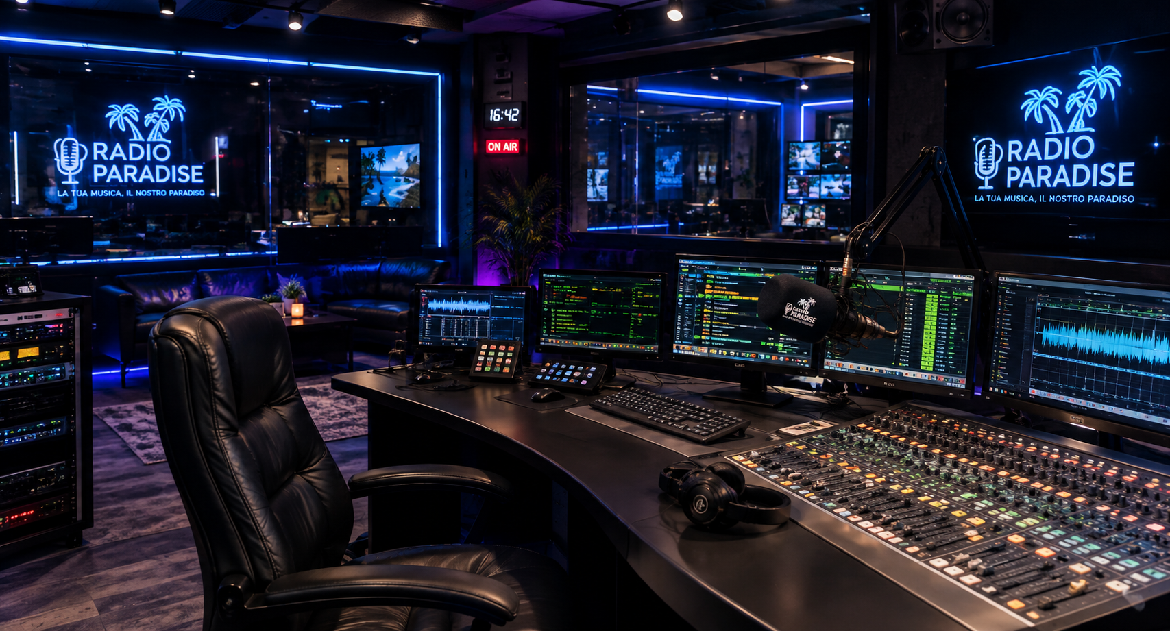 Speaker AI di Radio Paradise con cuffie e mixer